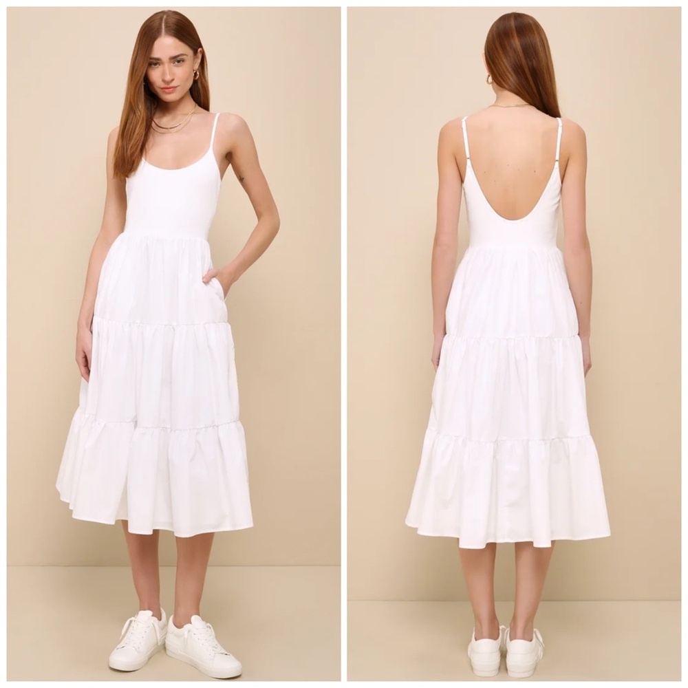 Lulu's White Lovable Cutie Sleeveless Scoop Neck Tiered Midi Dress Size S